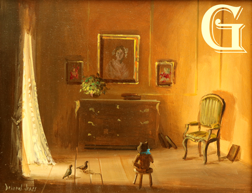 jones, deborah jones, teddy, oil painting, TEDDY WITH FEATHERED FRIENDS